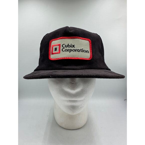 Vtg P Brand Corduroy Hat Snapback Cubix Corporation Black Patch Adjustable USA - Picture 1 of 8